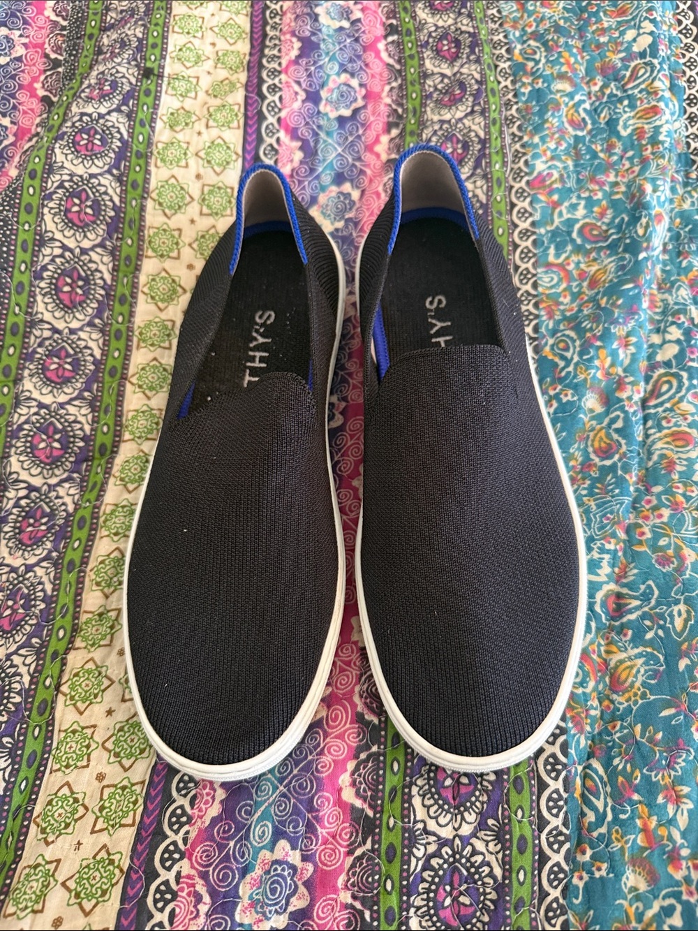 Rothy's Black Slip-On Knit Flats with Blue Heel Trim